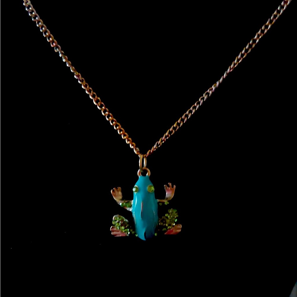 Blue and green frog Silvertone necklace